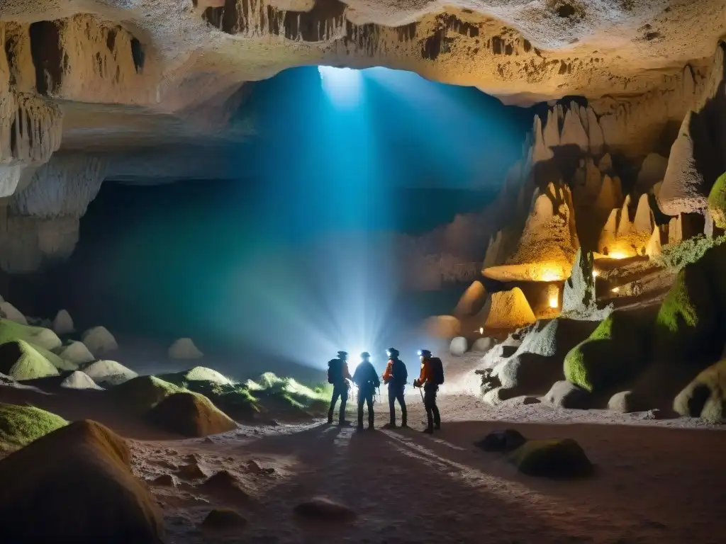 Exploradores con linternas explorando una cueva misteriosa en Uruguay, iluminando estalactitas y estalagmitas