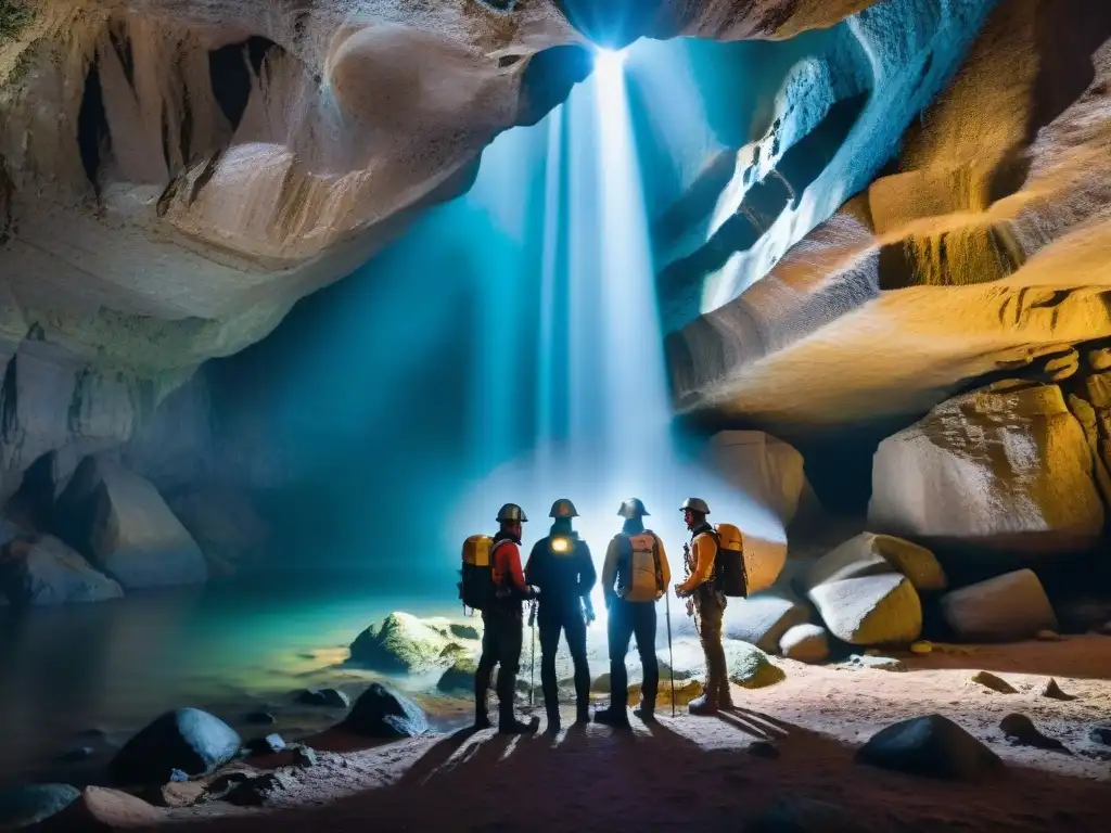 Exploradores con linternas para explorar cuevas en Uruguay, descubriendo la belleza de la oscura caverna