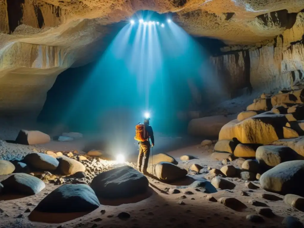 Exploradores con linternas y mochilas avanzan cautelosos por cueva misteriosa en Uruguay, iluminando formaciones rocosas y minerales brillantes