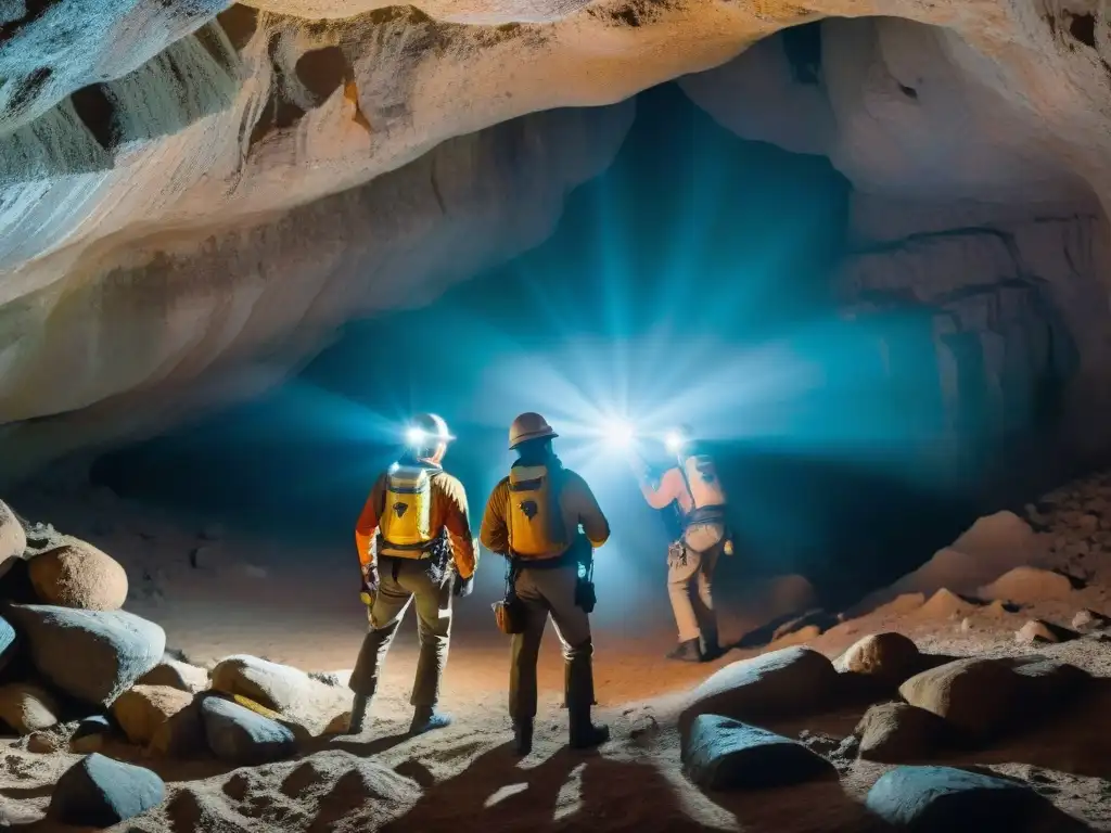 Exploradores maravillados en cueva subterránea de Uruguay, iluminados por formaciones geológicas