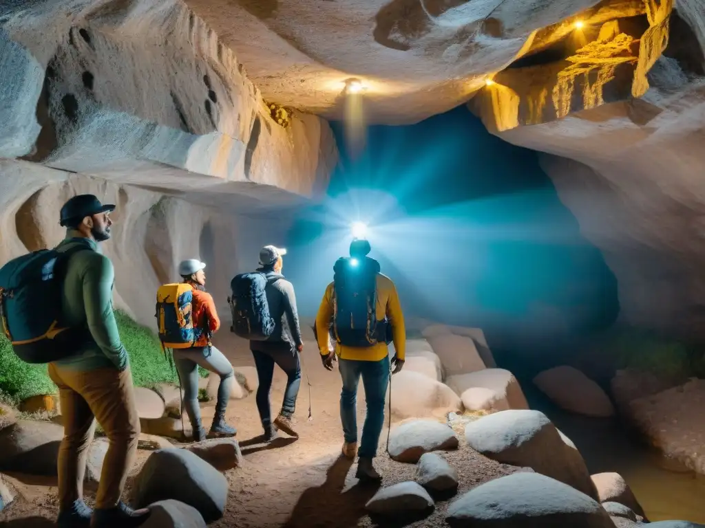 Exploradores maravillados en túnel subterráneo de Uruguay, iluminado débilmente por lamparas frontales