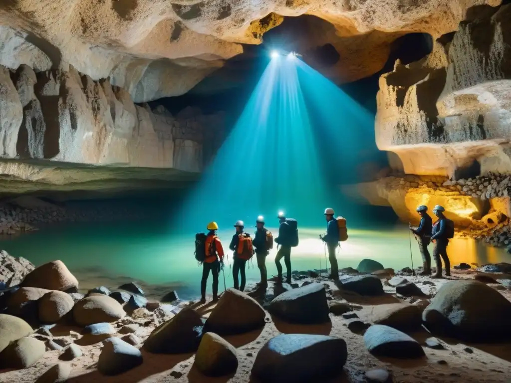 Exploradores con las mejores luces de cabeza en las cuevas de Uruguay