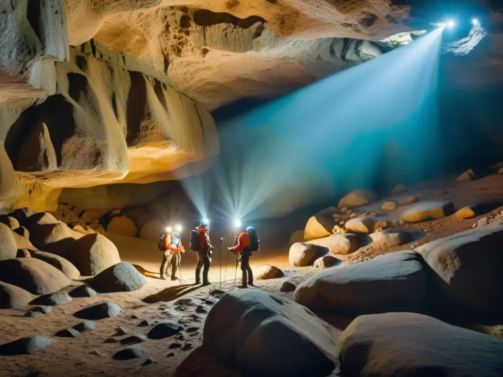 Exploradores con las mejores luces de cabeza en cuevas de Uruguay, maravillados por la oscuridad y la intrincada belleza subterránea