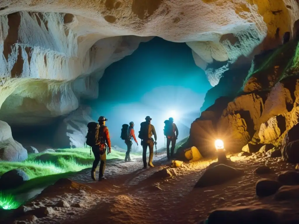 Exploradores con las mejores luces de cabeza exploran una cueva en Uruguay