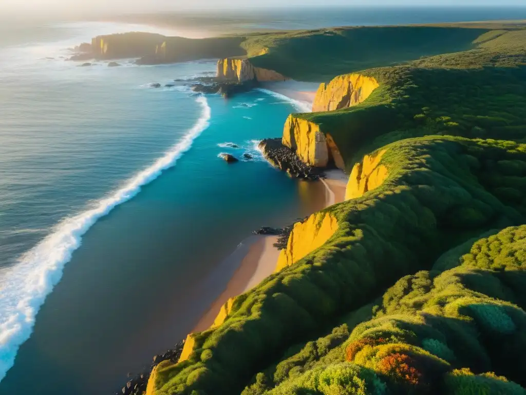 Exploradores siguiendo las mejores rutas de trekking en Uruguay, con el sol dorado sobre el Atlántico infinito