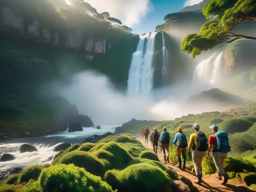 Exploradores en Uruguay con los mejores zapatos trekking, en sendero verde y cascada majestuosa