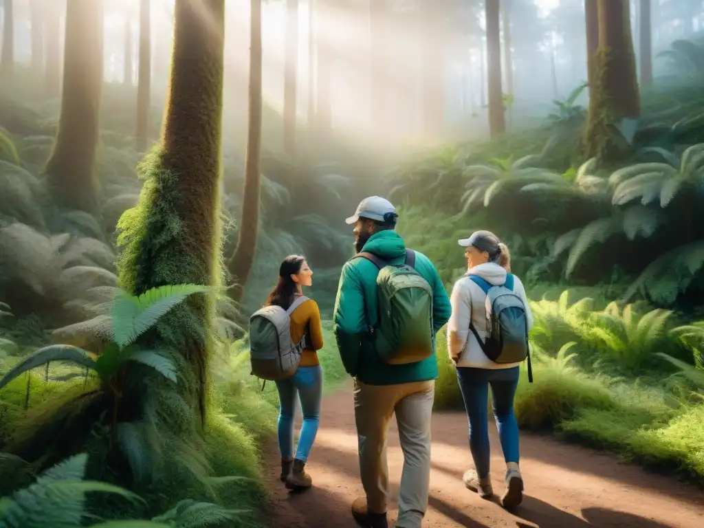 Exploradores disfrutan de un paseo educativo en un bosque uruguayo, participando en proyectos de ecoturismo