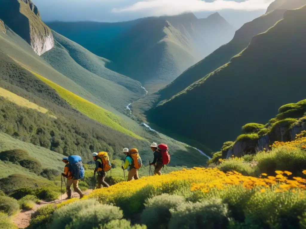 Exploradores principiantes de montañismo en sierras uruguayas, recorriendo senderos entre exuberantes bosques y flores silvestres