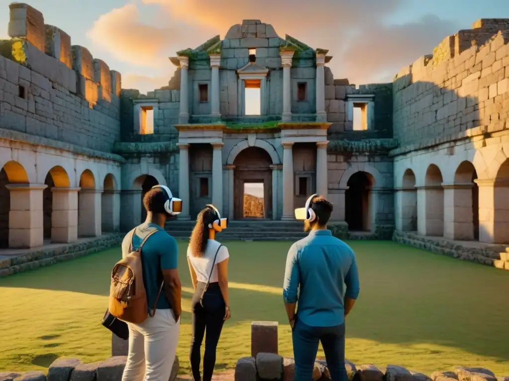 Exploradores con realidad aumentada en las ruinas de Fortaleza de Santa Teresa al atardecer