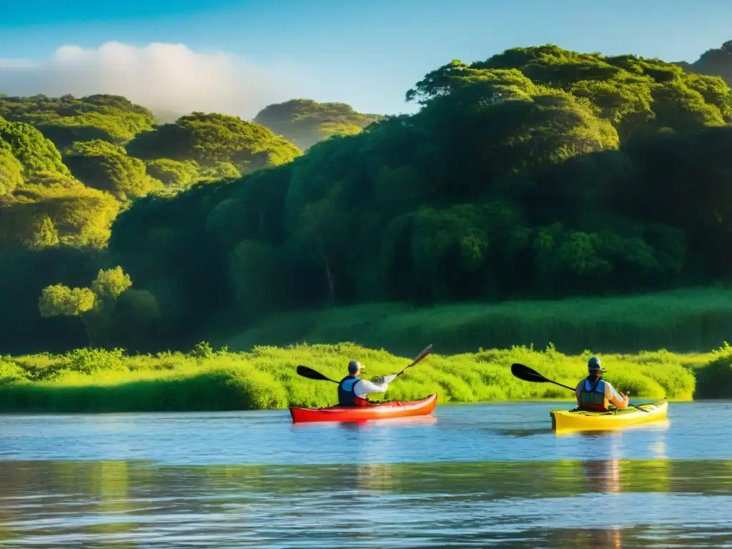 Exploradores disfrutan del kayak en un río sereno rodeado de exuberante vegetación en uno de los mejores ecolodges en Uruguay