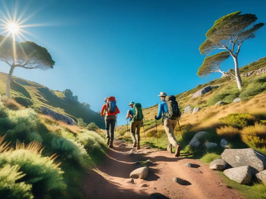 Exploradores con ropa adecuada trekking Uruguay, recorriendo paisajes verdes y cielo azul