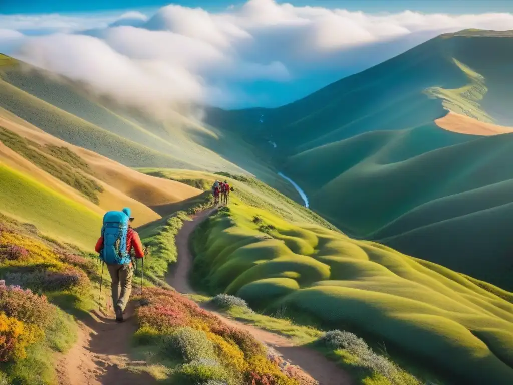 Exploradores en Uruguay con ropa adecuada trekking, cruzan colinas verdes bajo un cielo azul