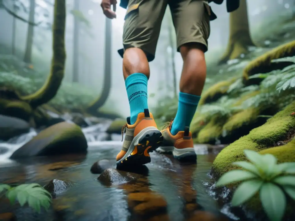 Exploradores atraviesan sendero boscoso, usando los mejores calcetines trekking impermeables, en un entorno místico y desafiante