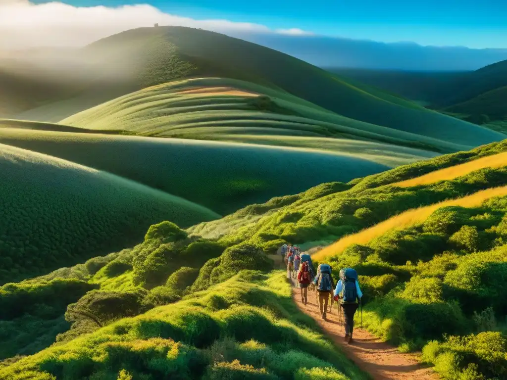 Exploración en la naturaleza: senderismo en Uruguay Exploradores recorriendo senderos en el exuberante campo uruguayo