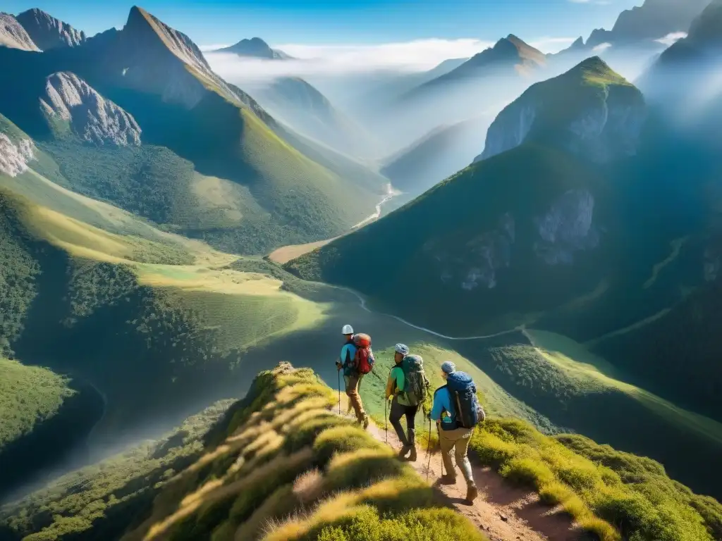 Exploradores en Sierras de Minas aventura natural, caminan entre montañas verdes bajo el sol