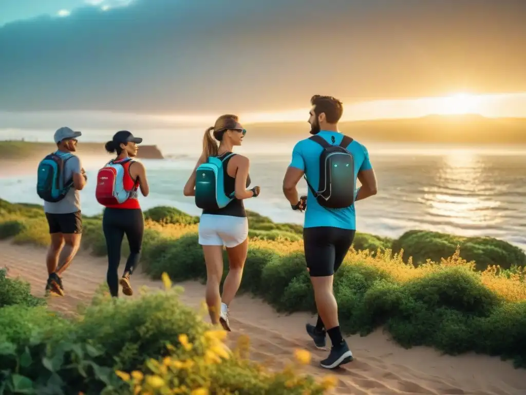 Exploradores disfrutan del turismo saludable en Uruguay con tecnología wearable mientras el sol se pone en la playa