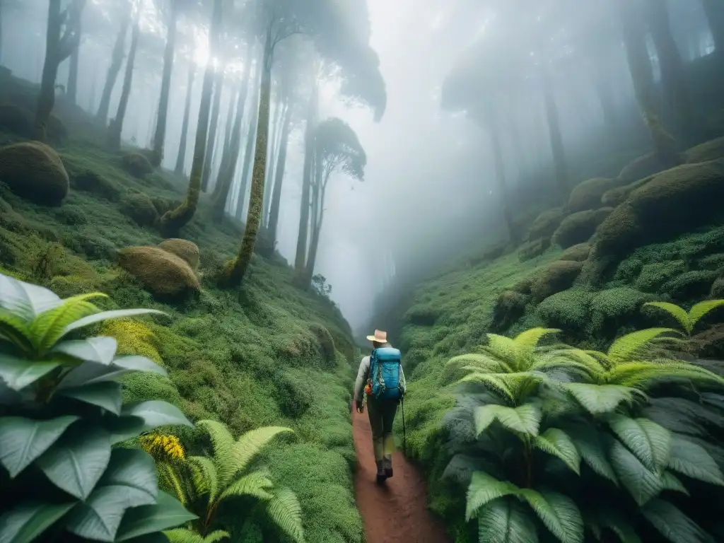 Exploradores en Valle del Lunarejo trekking Uruguay, entre árboles gigantes bajo luz dorada