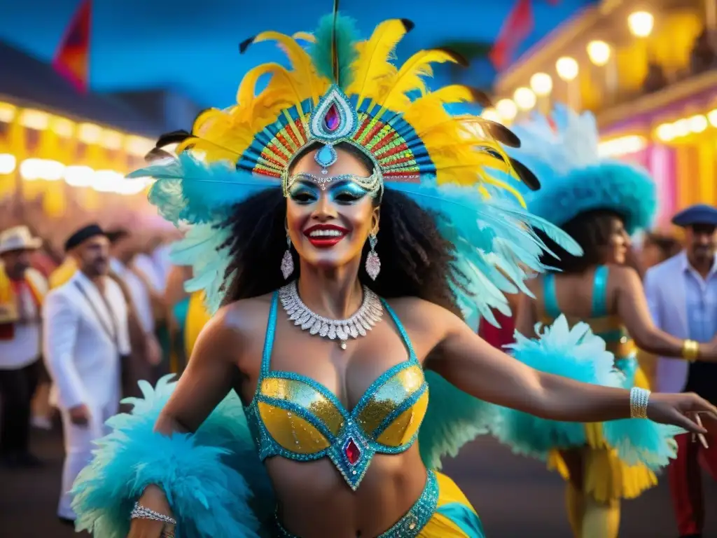 Explosión de color y alegría en el Carnaval Uruguayo: bailarines con trajes vibrantes y detallados, en movimiento frente a espectadores emocionados