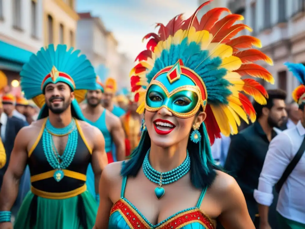 Explosión de color y tradición en el Carnaval uruguayo: danzarines con trajes vibrantes y tocados de plumas, transmitiendo alegría y pasión