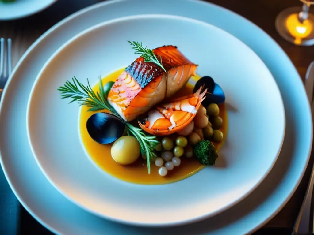 Una exquisita creación culinaria en un restaurante de lujo en Punta del Este, con colores vibrantes y detalles sofisticados