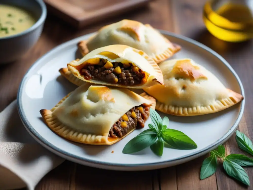 Una exquisita muestra de empanadas uruguayas recién horneadas, con sabores auténticos y una presentación elegante