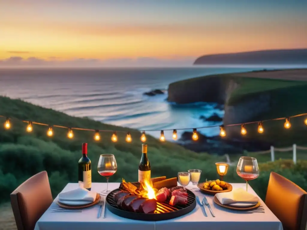 Exquisita parrillada de lujo en la costa uruguaya al atardecer, con elegantes comensales y deliciosos platos sudamericanos