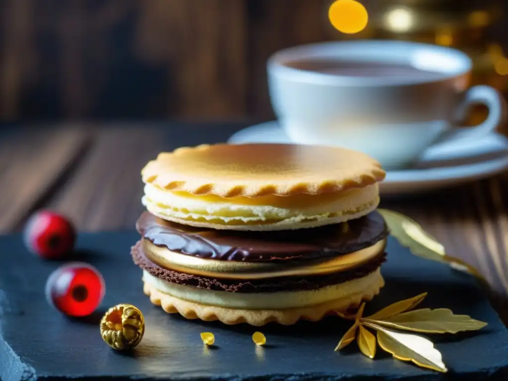 Un exquisito Alfajor de Chocolate con detalles dorados y una baya roja sobre una mesa de madera rústica