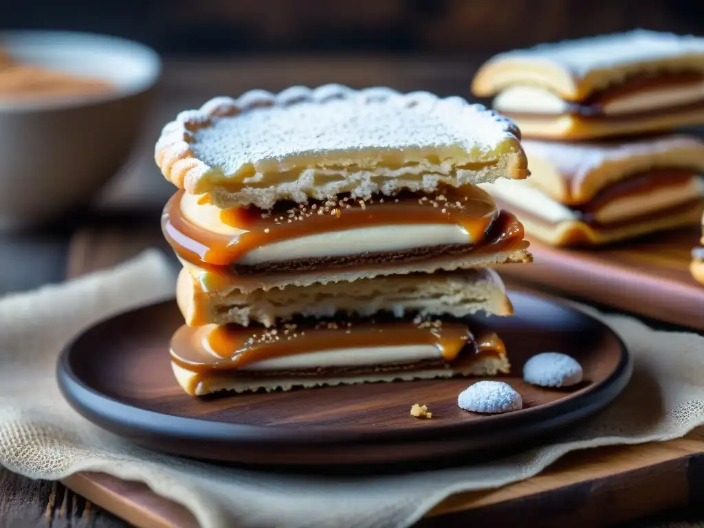 Exquisito alfajor uruguayo con dulce de leche y azúcar en plato de madera