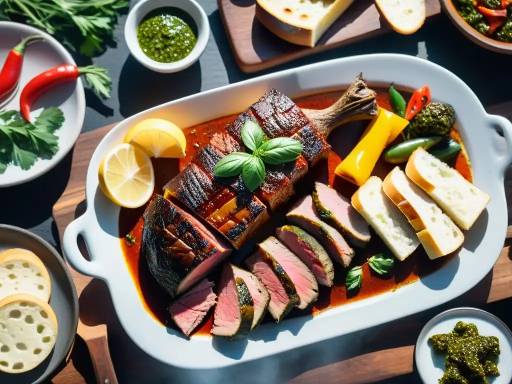 Exquisito asado uruguayo en mesa rústica con vibrantes colores