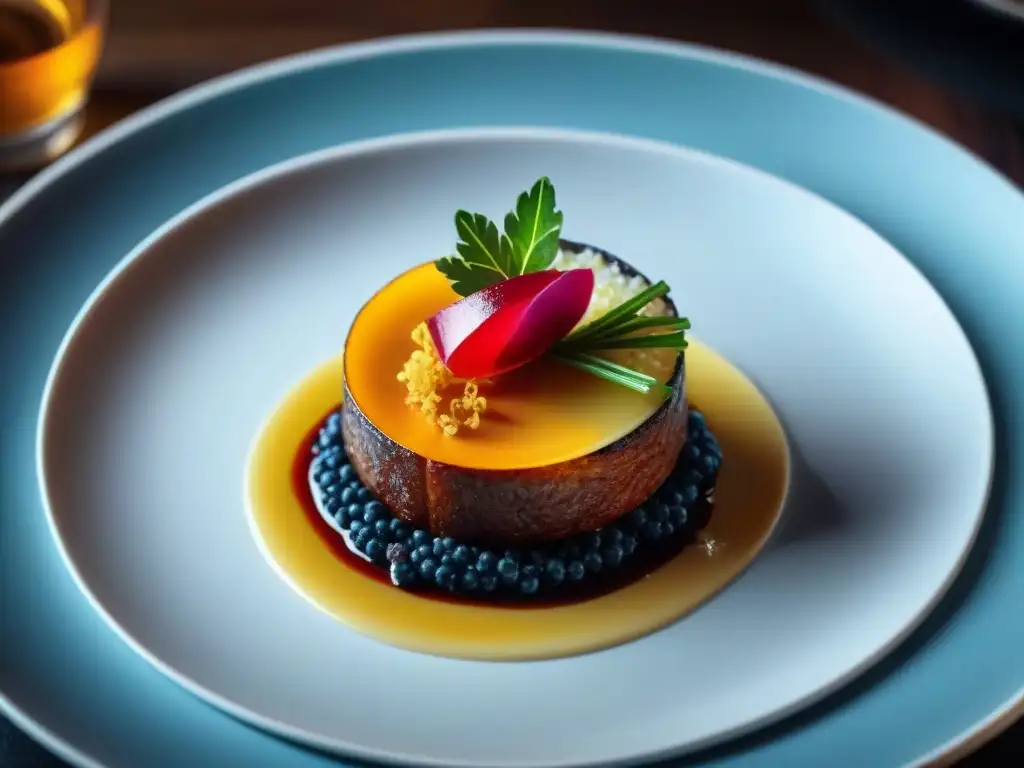 Un exquisito bocado gourmet en Montevideo, con colores vibrantes y detalles sofisticados