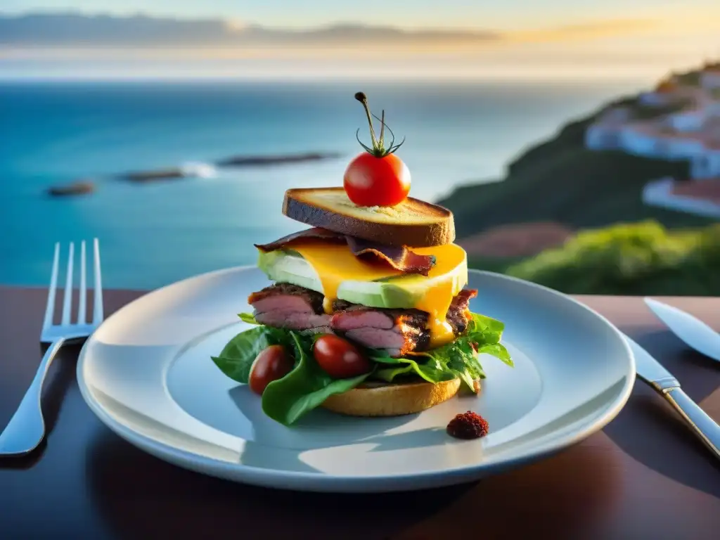 Exquisito Chivito en mesa de lujo con vista al mar en Punta del Este