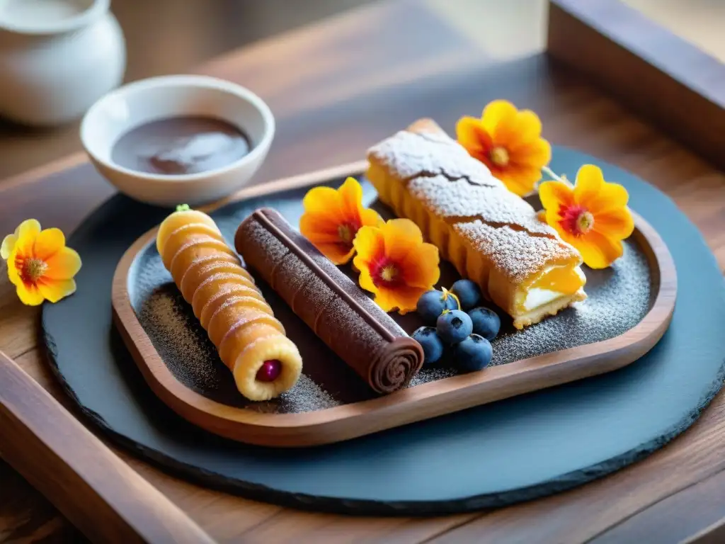 Un exquisito plato de postres uruguayos de lujo, con churros de dulce de leche, alfajores y chaja cake, presentado elegantemente en una mesa rústica