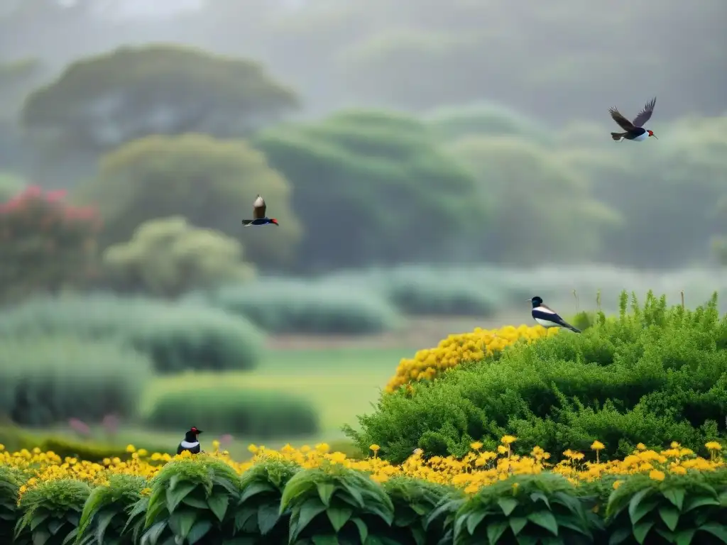 Un jardín exuberante en Uruguay con aves nativas como el Teru-teru, Pájaro Campana y Viudita