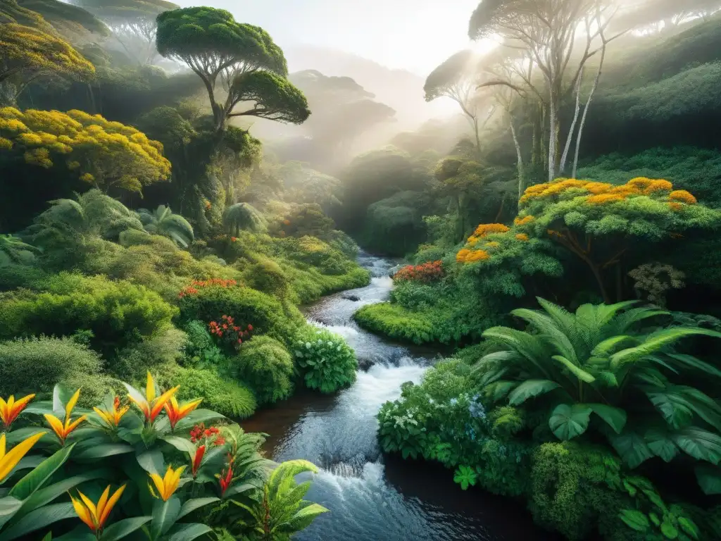 Un exuberante bosque en Uruguay muestra aves tropicales, flores vibrantes, un arroyo y monos juguetones