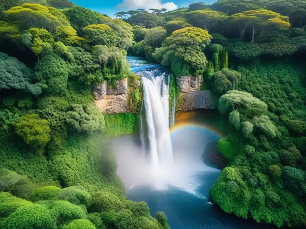 Exuberante bosque en Uruguay con cascada oculta y río cristalino bajo cielo azul