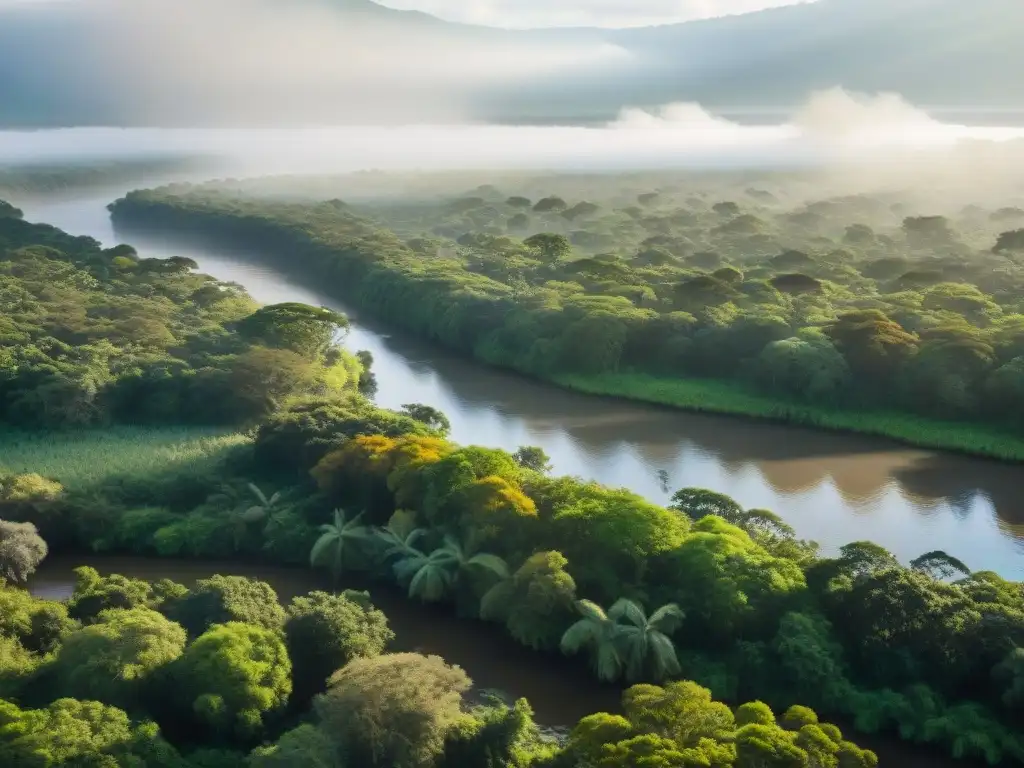 Un exuberante bosque a lo largo del río Uruguay, mostrando aves coloridas, monos y plantas exóticas