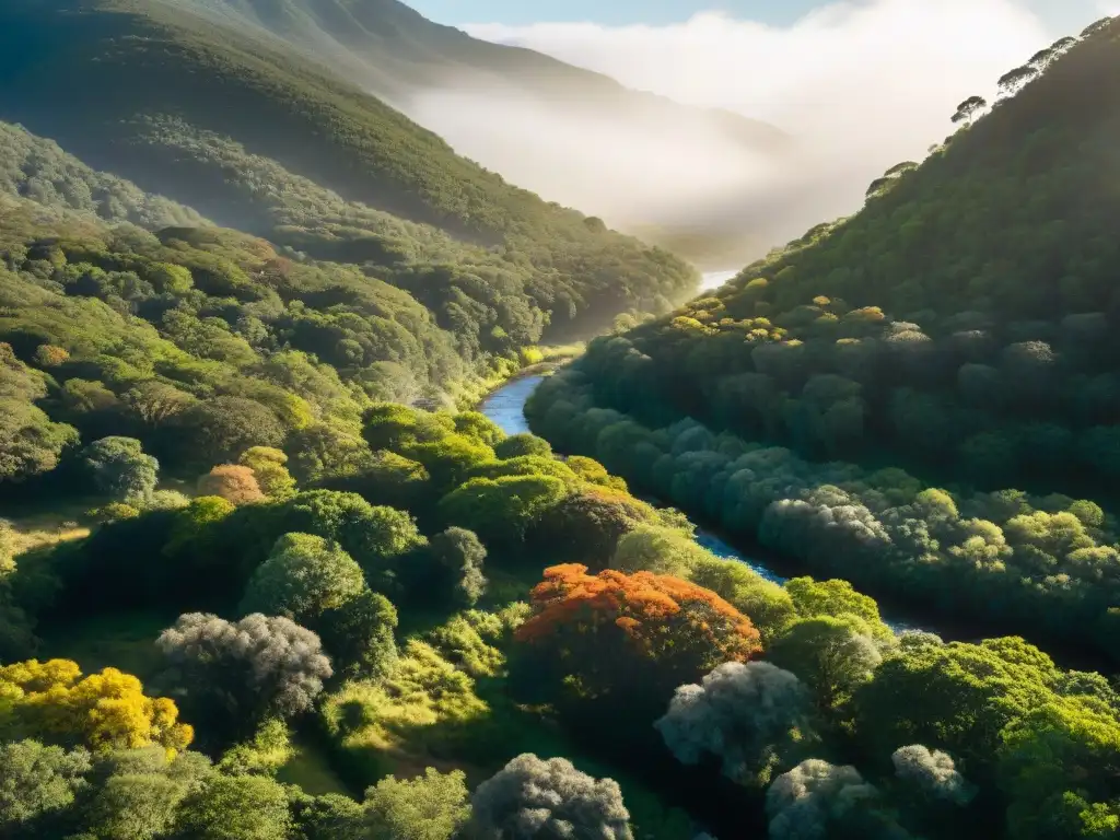 Un exuberante bosque uruguayo, lleno de verde y flores silvestres, con un arroyo serpenteante