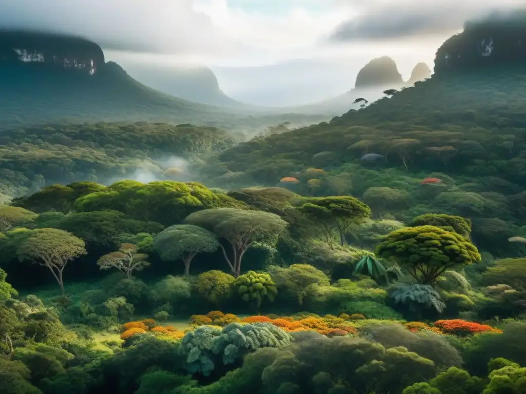 Selva uruguaya: biodiversidad en detalle 8k Un exuberante bosque uruguayo lleno de flora y fauna nativa, con capibaras, tucanes y monos aulladores