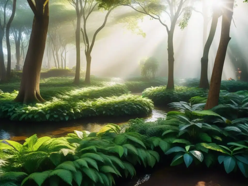 Un exuberante bosque verde en un parque urbano de Uruguay, con aves coloridas, arroyo y biodiversidad