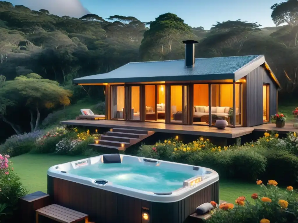 Exuberante cabaña spa en Uruguay con jacuzzi y sauna, rodeada de naturaleza
