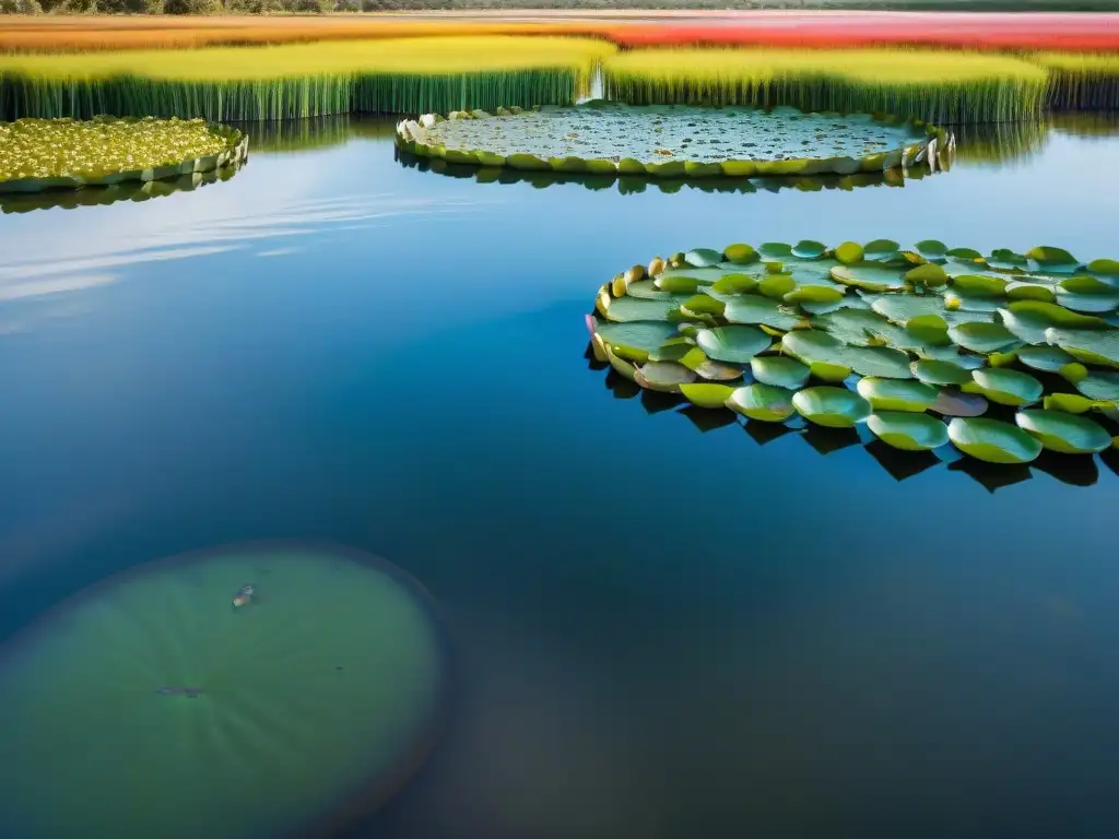 Un exuberante ecosistema de agua dulce en Uruguay, con lirios, juncos y musgo flotante, bajo la luz del sol