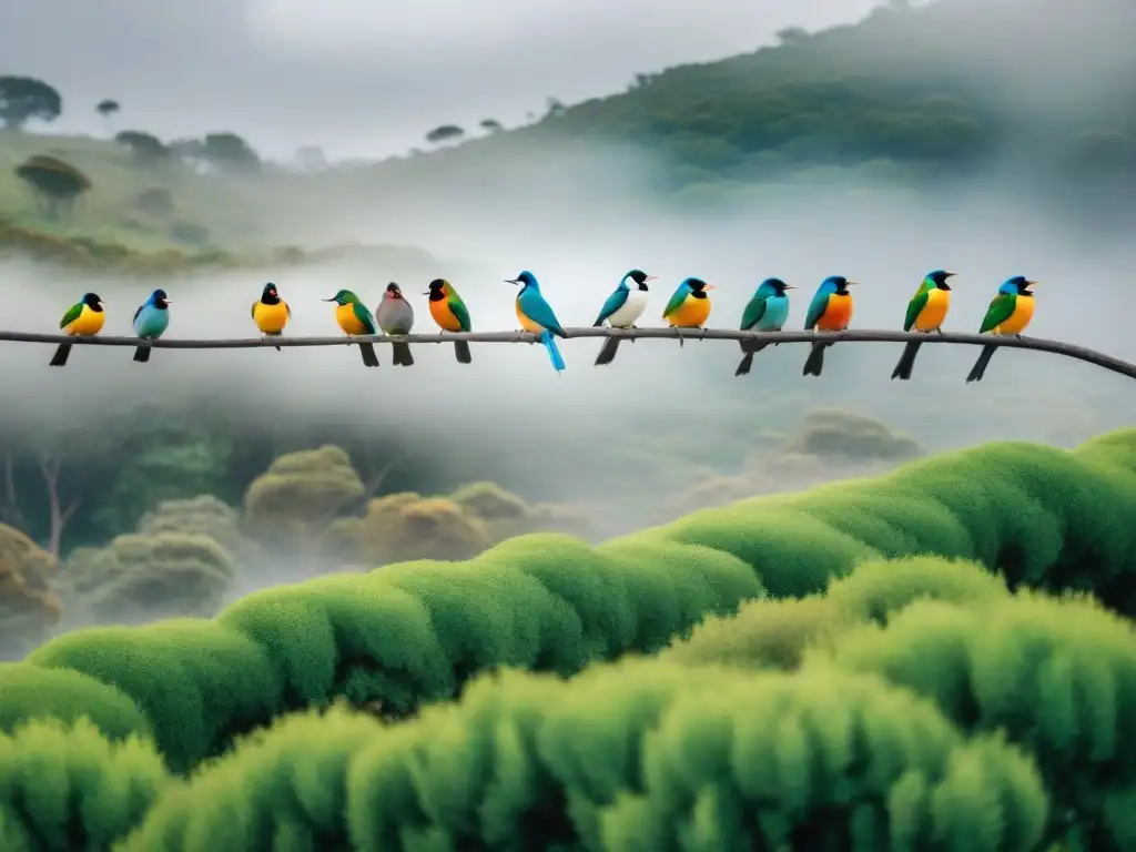 Una exuberante fotografía de aves en Uruguay: vívidos pájaros en ramas, mostrando detalles únicos