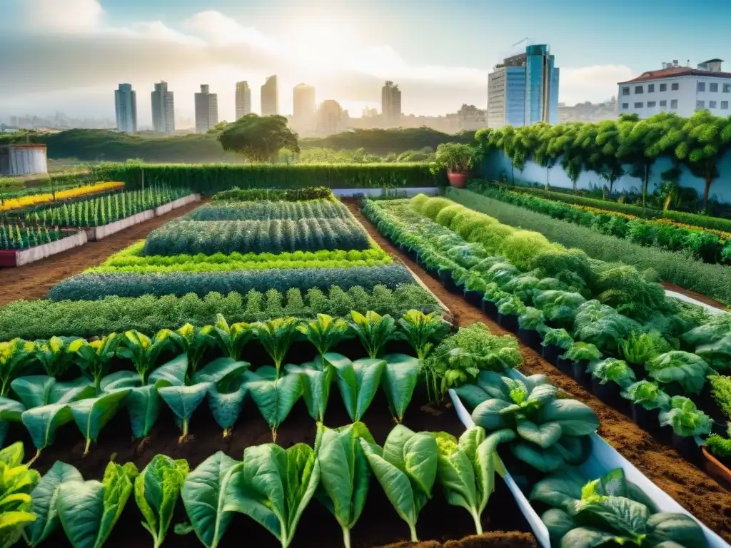 Una exuberante huerta urbana en Uruguay, cultivando verduras vibrantes en camas elevadas, con edificios de ciudad de fondo