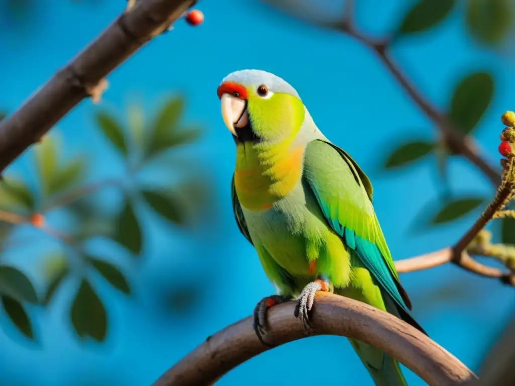 Un exuberante Perico de Collar posado en una rama, rodeado de su colorido plumaje en un parque de Uruguay