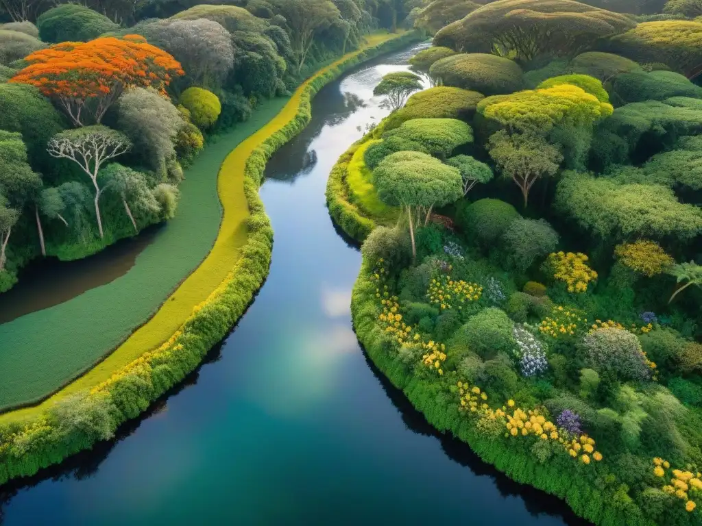 Explora la exuberante selva de Uruguay, con sus árboles nativos, aves exóticas y un arroyo sereno