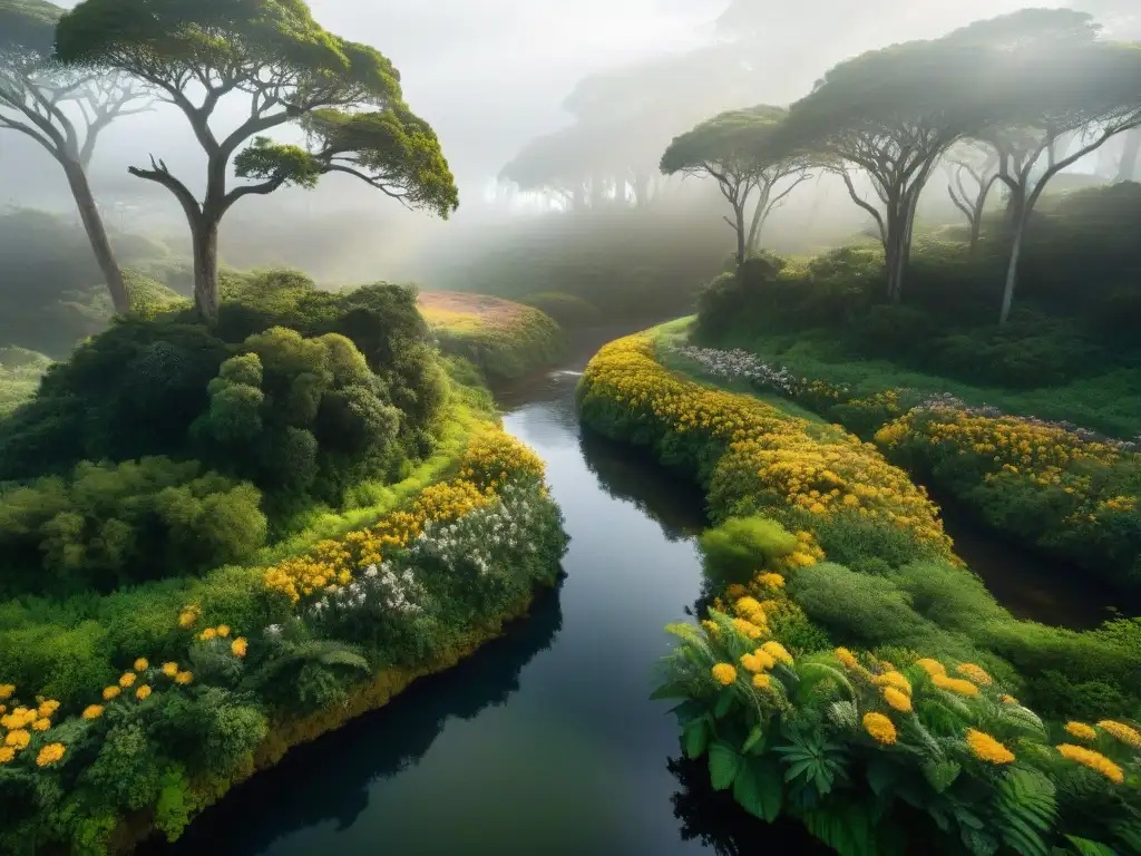 Una exuberante selva en Uruguay, con árboles nativos, flores coloridas y vida silvestre