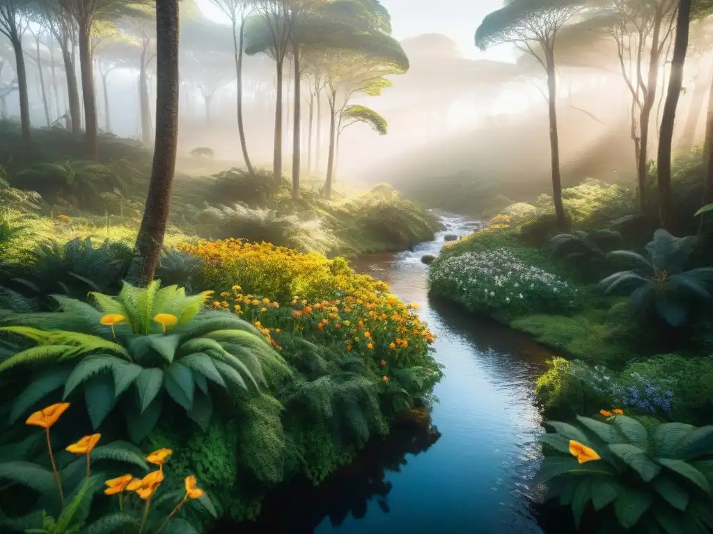 Explora la exuberante selva de Uruguay con árboles nativos, flores vibrantes y un arroyo tranquilo