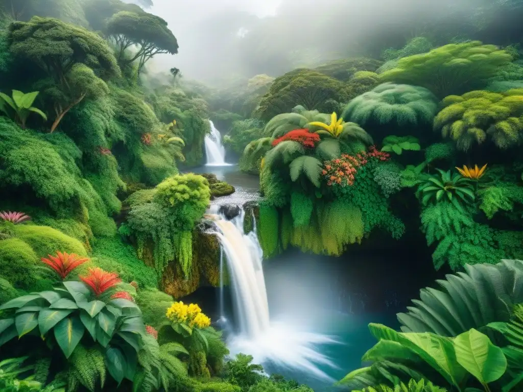 Explora la exuberante selva de Uruguay: flora, fauna y cascadas Una exuberante selva verde en Uruguay, con aves tropicales, flores exóticas y cascada