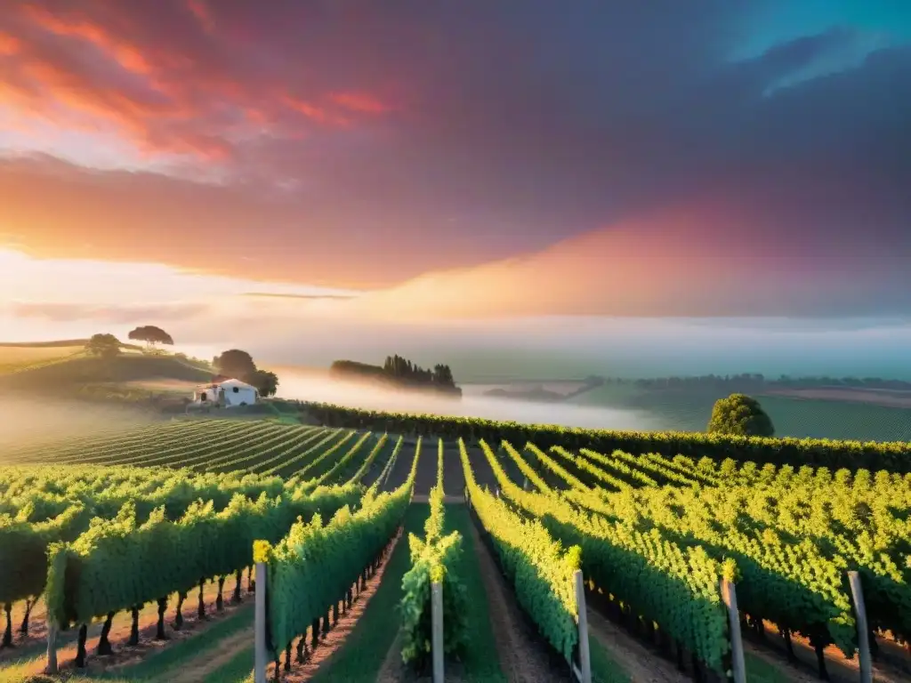 Vinedos exuberantes al atardecer en Uruguay, con uvas maduras bajo luz dorada