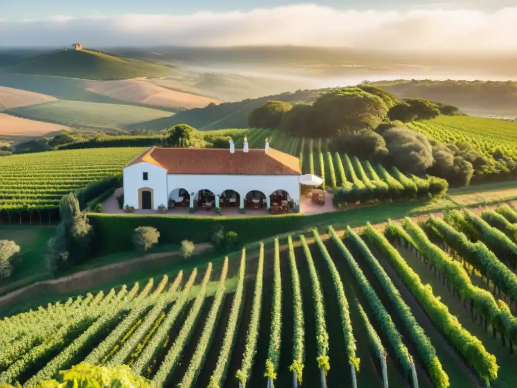 Viñedos exuberantes en Uruguay bajo el sol dorado, con bodega tradicional y visitantes disfrutando de la experiencia de cata de vinos